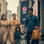 Middle-class South Asian family surrounded by consumerism.