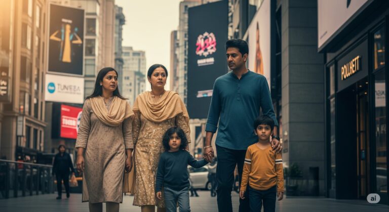 Middle-class South Asian family surrounded by consumerism.